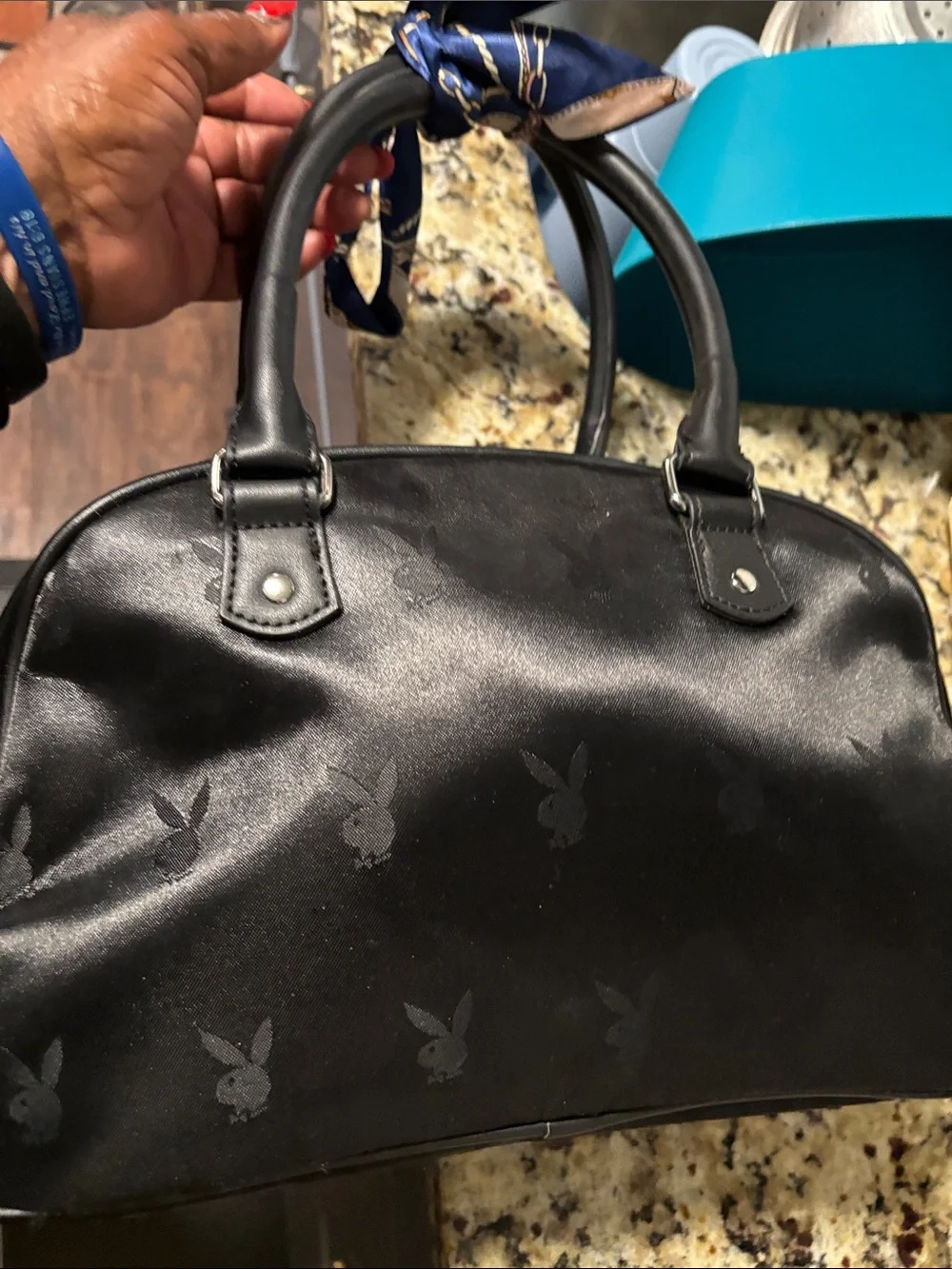 PLAYBOY Black Satchel /crossbody strap with White Piping Accents